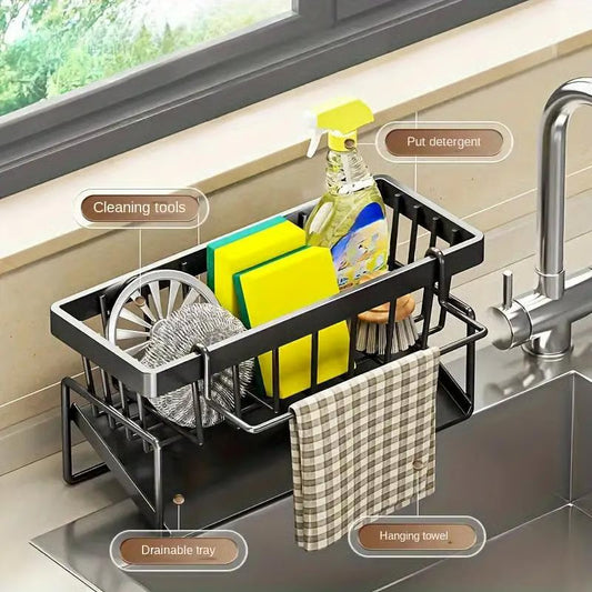 Sink organizer with drip tray and towel rail
