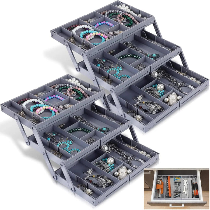 Three-tier expandable drawer organizer with stackable storage trays