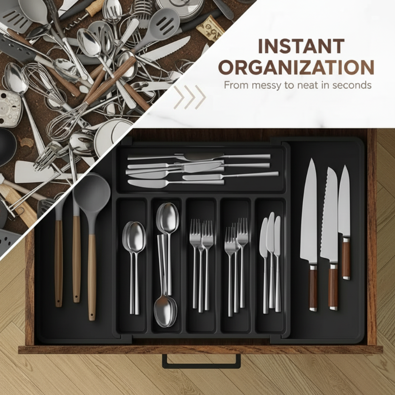 Expandable cutlery drawer organizer with adjustable flatware compartments