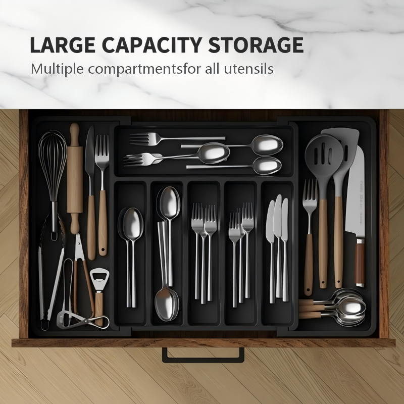 Expandable cutlery drawer organizer with adjustable flatware compartments