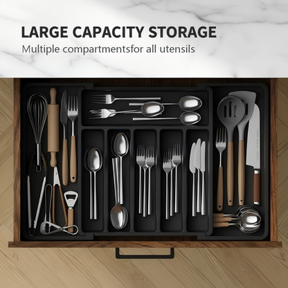 Expandable cutlery drawer organizer with adjustable flatware compartments