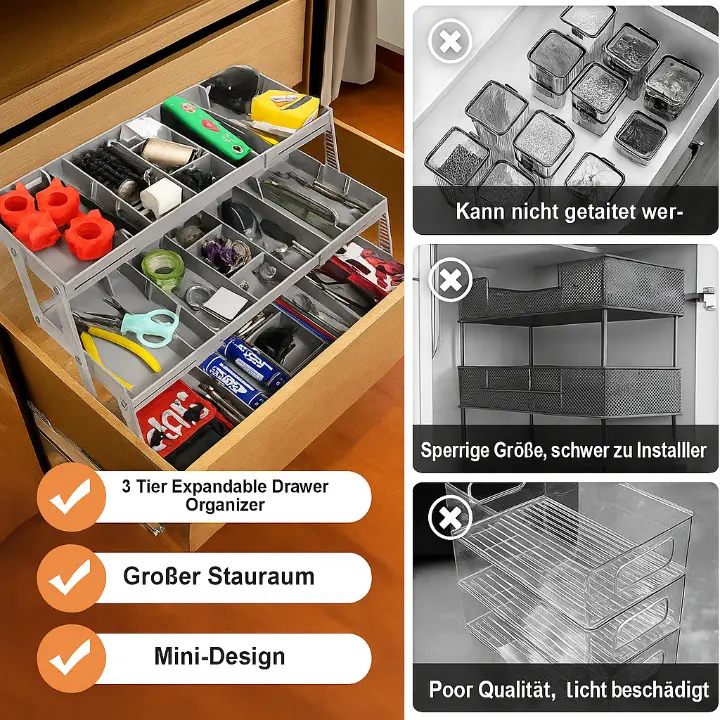 Three-tier expandable drawer organizer with stackable storage trays