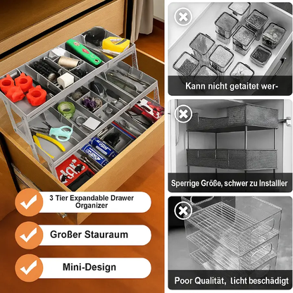 Three-tier expandable drawer organizer with stackable storage trays