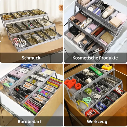 Three-tier expandable drawer organizer with stackable storage trays
