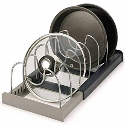 Expandable pan and lid rack with adjustable dividers for kitchen cabinets