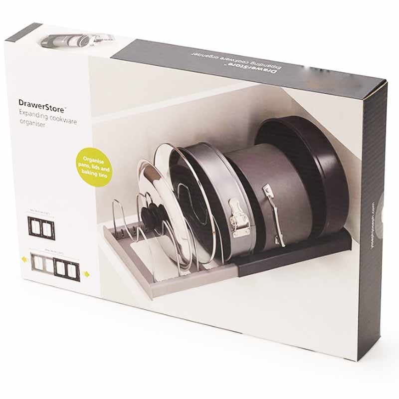 Expandable pan and lid rack with adjustable dividers for kitchen cabinets