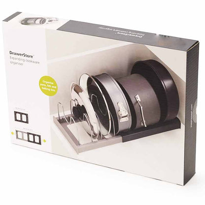 Expandable pan and lid rack with adjustable dividers for kitchen cabinets
