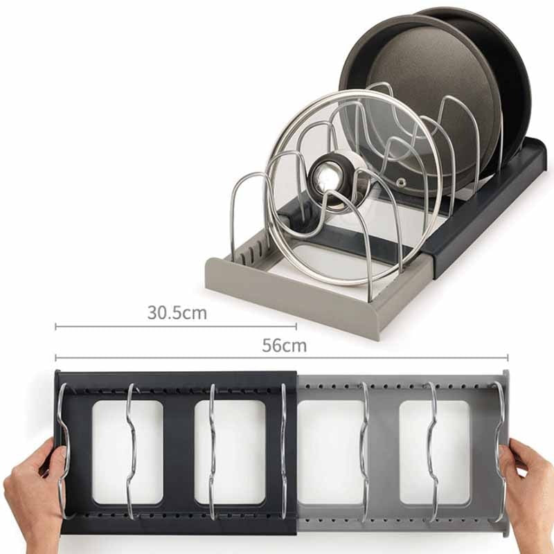 Expandable pan and lid rack with adjustable dividers for kitchen cabinets