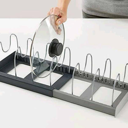 Expandable pan and lid rack with adjustable dividers for kitchen cabinets