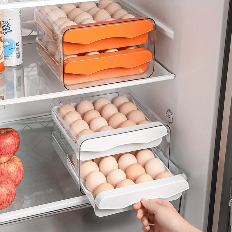Two-tier stackable egg storage box with pull-out drawers for the refrigerator