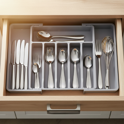 Expandable cutlery drawer organizer with adjustable flatware compartments