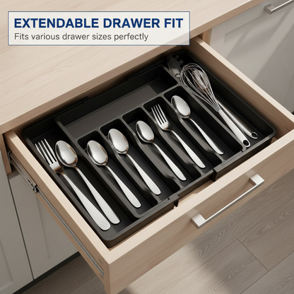 Expandable cutlery drawer organizer with adjustable flatware compartments