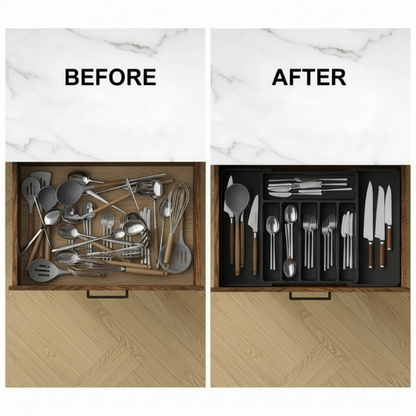 Expandable cutlery drawer organizer with adjustable flatware compartments