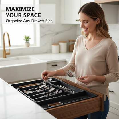 Expandable cutlery drawer organizer with adjustable flatware compartments