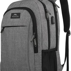 MATEIN Travel Laptop Backpack, Business Anti Theft Slim Sturdy Laptops Backpack with USB Charging Port, Water Resistant College School Computer Bag Gift for Men & Women Fits 15.6 Inch Notebook, Grey
